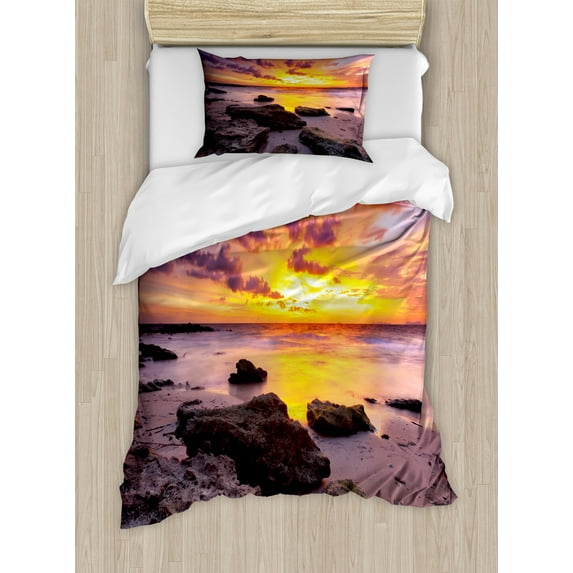 Ambesonne Tropical Duvet Cover Sets, Sunset Idyllic Beach, 2-Twin, Mauve Salmon Lilac