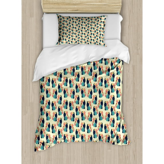 Ambesonne Tropical Duvet Cover Sets, Toucan and Exotic Botany, 2-Twin, Cream Multicolor