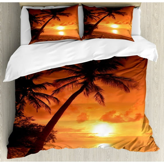 Ambesonne Tropical Duvet Cover Sets, Twilight Coconut Palms, 2-King, Coral Orange Brown