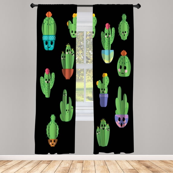 Ambesonne Tropical Emoji Curtains, Cartoon Cactus Happy, Pair of 28"x95", Shamrock Green Hot Pink