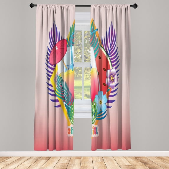 Ambesonne Tropical Emoji Curtains, Leaf Flower Cocktail, Pair of 28"x84", Dark Pink Teal Purple