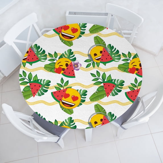 Ambesonne Tropical Emoji Fitted Round Tablecloth, Faces Exotic Art, 45"- 56" Diameter, Dark Coral White Green