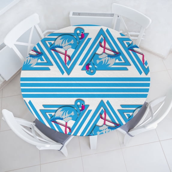 Ambesonne Tropical Emoji Fitted Round Tablecloth, Lines Flamingos Plot, 36"- 40" Diameter, Deep Sky Blue White Pink
