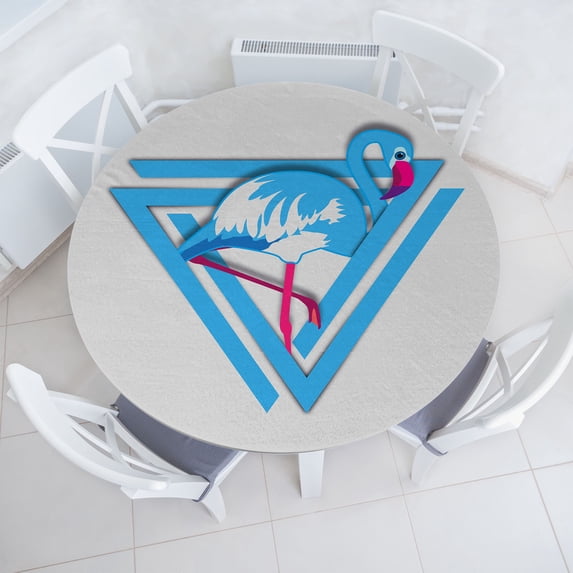 Ambesonne Tropical Emoji Fitted Round Tablecloth, Triangle Flamingo, 45"- 56" Diameter, Pale Sky Blue Pink