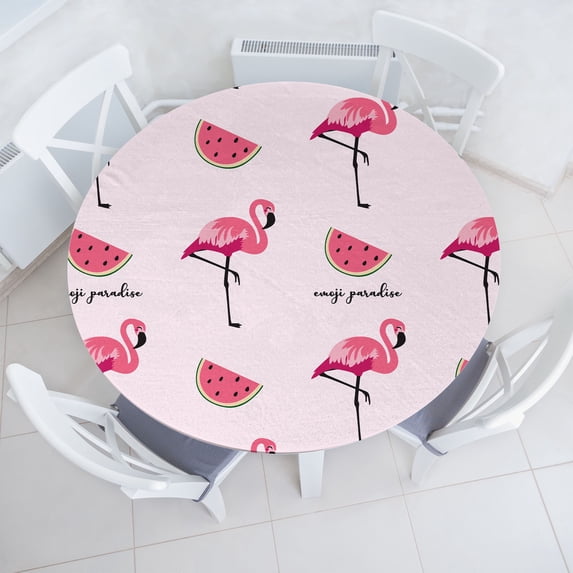 Ambesonne Tropical Emoji Fitted Round Tablecloth, Watermelon Flamingo, 45"- 56" Diameter, Soft Pink Fern Green