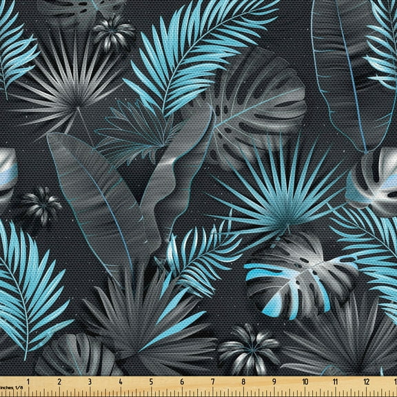 Ambesonne Tropical Fabric by the Yard Upholstery, Black Palm Leaves Plot, 10 Yards, Deep Sky Blue Dark Grey