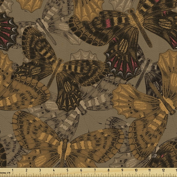 Ambesonne Tropical Fabric by the Yard Upholstery, Butterfly Victorian Print, 5 Yards, Pale Caramel and Ginger