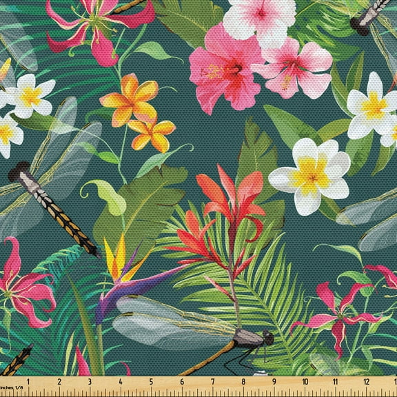 Ambesonne Tropical Fabric by the Yard Upholstery, Dragonflies Flowers Flora, 2 Yards, Lime Green Dark Coral