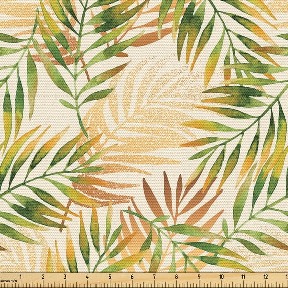 Ambesonne Tropical Fabric by the Yard, Exotic Hand-Drawn Pattern, 2 Yards, Pale Orange and Fern Green