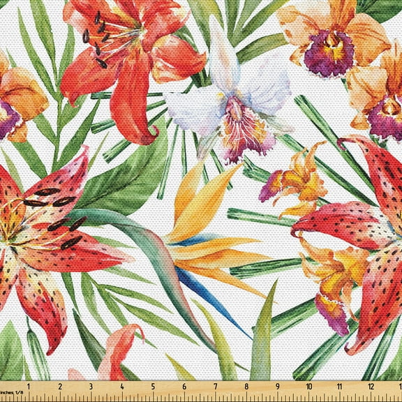 Ambesonne Tropical Fabric by the Yard, Exotic Lilies Watercolor, 3 Yards, Scarlet and Reseda Green