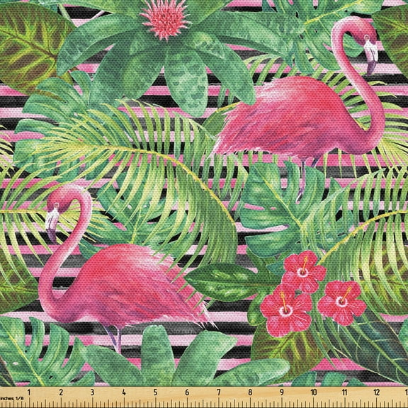 Ambesonne Tropical Fabric by the Yard Upholstery, Flamingo Hibiscus Palm Art, 3 Yards, Dark Coral and Peacock Green