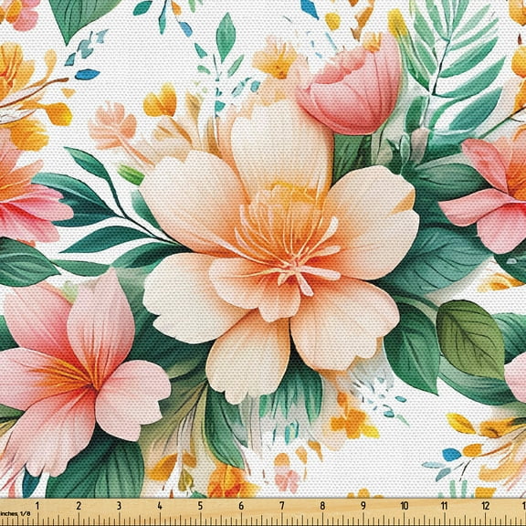 Ambesonne Tropical Fabric by the Yard Upholstery, Flowers Botanical Grunge, 1 Yard, Peach Jade Green Pink