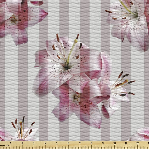 Ambesonne Tropical Fabric by the Yard Upholstery, Lily Flowers Jungle Botany, 1 Yard, Pink Mauve Eggshell