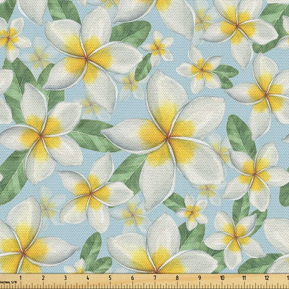 Ambesonne Tropical Fabric by the Yard Upholstery, Little Art Flowers Vintage, 10 Yards, Mustard Pale Blue Green