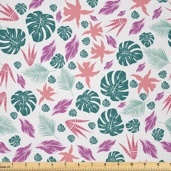Ambesonne Tropical Fabric by the Yard Microfiber, Abstract Monstera Leaf Art, 10 Yards, Pastel Pink Teal White