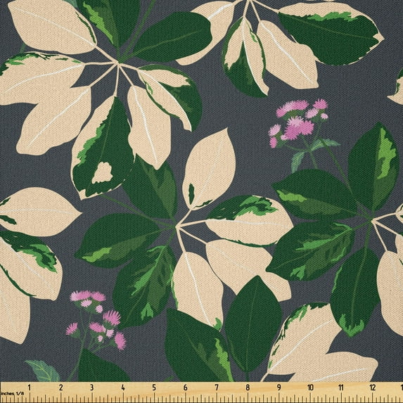 Ambesonne Tropical Fabric by the Yard Microfiber, Abstract Wildflower Plot, 2 Yards, Hunter Green Pale Peach