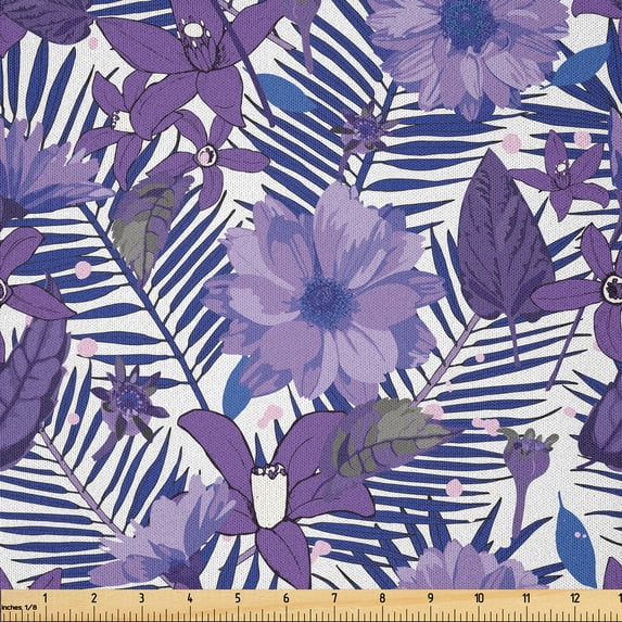 Ambesonne Tropical Fabric by the Yard Microfiber, Chrysanthemums Palm Leaves, 3 Yards, Persian Blue and Lavender