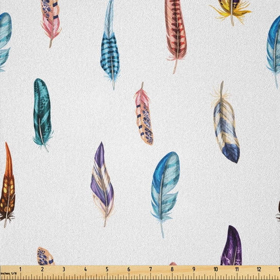 Ambesonne Tropical Fabric by the Yard Microfiber, Colorful Bird Feathers Art, 1 Yard, Pale Peach and Cobalt Blue