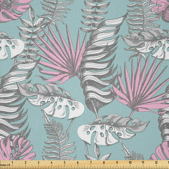 Ambesonne Tropical Fabric by the Yard Microfiber, Delicate Hawaiian Leaves, 1 Yard, Pale Seafoam Pale Pink