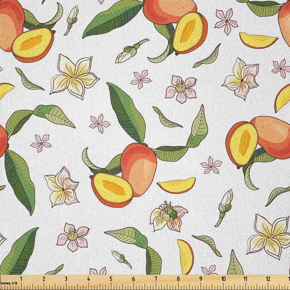 Ambesonne Tropical Fabric by the Yard Microfiber, Exotic Mango Illustration, 2 Yards, Mustard Reseda Green