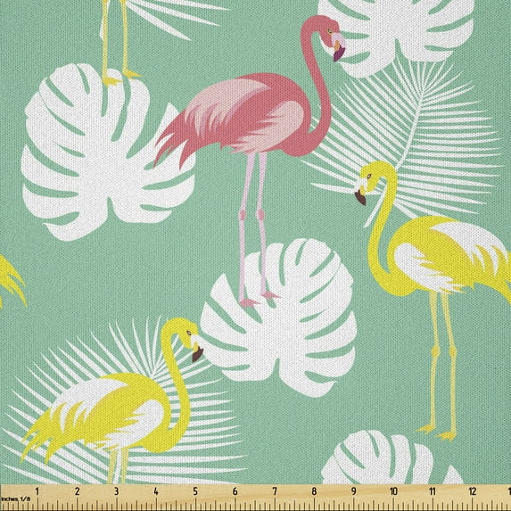 Ambesonne Tropical Fabric by the Yard Microfiber, Flamingos and Leaves Motif, 5 Yards, Seafoam Coral and Yellow