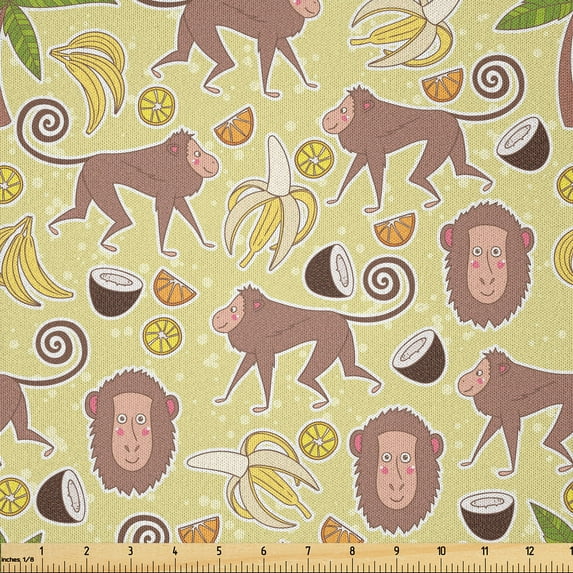 Ambesonne Tropical Fabric by the Yard Microfiber, Fruits Monkeys and Trees, 3 Yards, Yellow Mauve