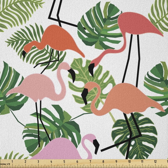 Ambesonne Tropical Fabric by the Yard Microfiber, Hipster Flamingo Monstera, 5 Yards, Salmon Pink