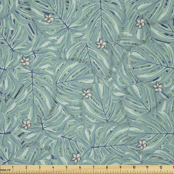 Ambesonne Tropical Fabric by the Yard Microfiber, Jungle Leaves Hand Drawn, 2 Yards, Seafoam Turquoise