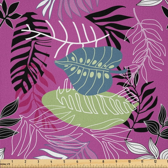 Ambesonne Tropical Fabric by the Yard Microfiber, Palm Monstera Leaf Art, 2 Yards, Fuchsia and Charcoal Grey