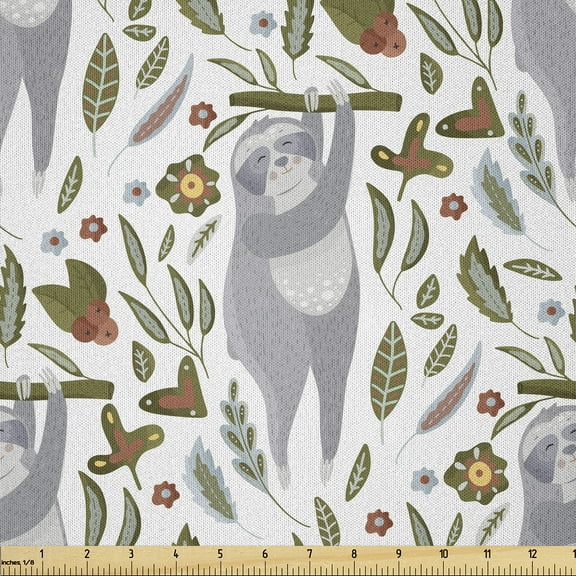 Ambesonne Tropical Fabric by the Yard Microfiber, Sloth Branch Leaf Flower, 1 Yard, Pale Caramel Fawn Sepia