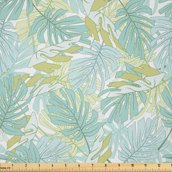 Ambesonne Tropical Fabric by the Yard Microfiber, Soft Toned Jungle Leaves, 1 Yard, Pale Blue and Khaki