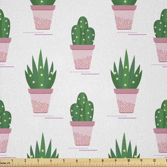 Ambesonne Tropical Fabric by the Yard Microfiber, Succulent Cactus in Pots, 3 Yards, Forest Green and Pastel Pink
