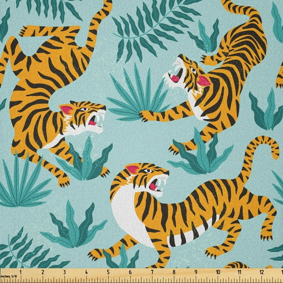 Ambesonne Tropical Fabric by the Yard Microfiber, Tiger Jungle Forest Exotic, 2 Yards, Pale Turquoise Marigold