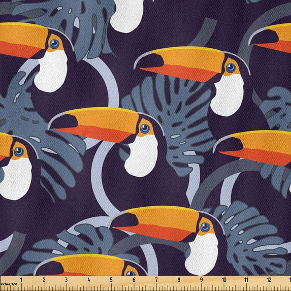 Ambesonne Tropical Fabric by the Yard Microfiber, Toucan Birds Monstera Leaf, 2 Yards, Dark Purple Orange