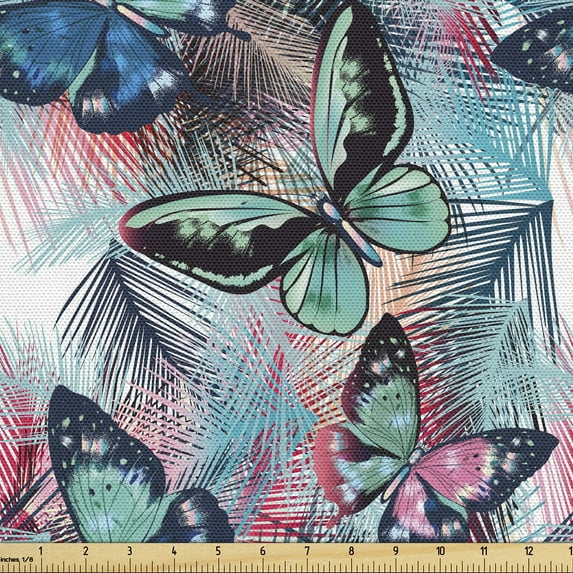 Ambesonne Tropical Fabric by the Yard Upholstery, Palm Leaf Butterfly Plot, 10 Yards, Seafoam and Soft Pink
