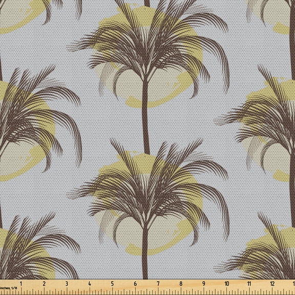Ambesonne Tropical Fabric by the Yard Upholstery, Palm Trees Abstract Circle, 3 Yards, Earth Yellow and Pale Grey