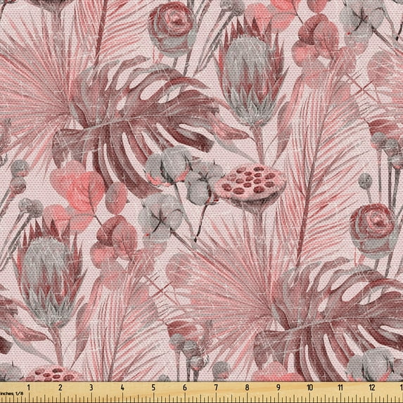 Ambesonne Tropical Fabric by the Yard, Protea and Monstera Leaves, 2 Yards, Pale Rose and Pastel Pink