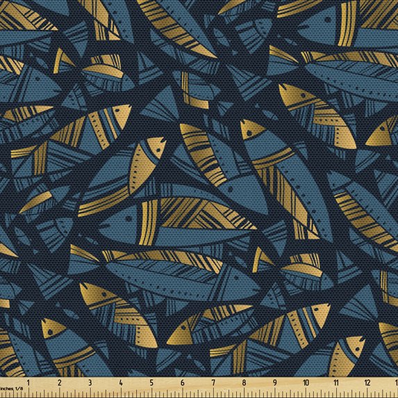Ambesonne Tropical Fabric by the Yard Upholstery, Abstract Fish Ornament, 1 Yard, Dark Teal and Pale Coffee