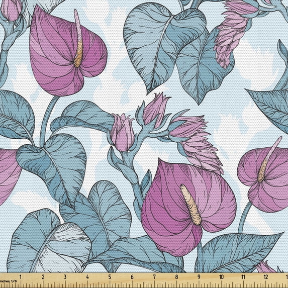Ambesonne Tropical Fabric by the Yard Upholstery, Anthurium Flowers Leaves, 10 Yards, Pink and Pale Blue Grey