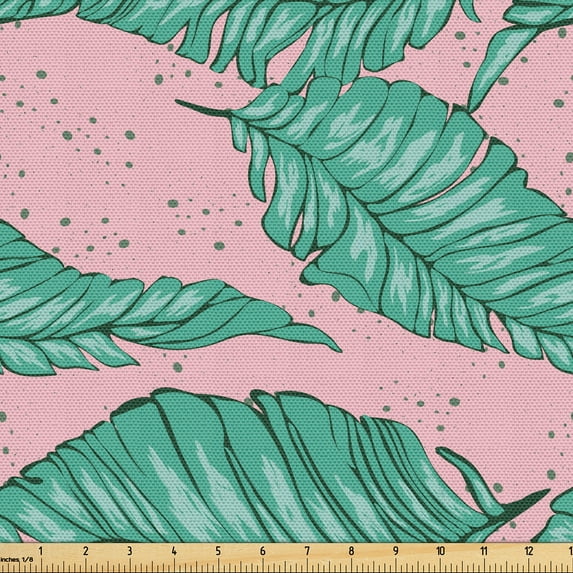Ambesonne Tropical Fabric by the Yard Upholstery, Banana Leaves Brushes Art, 3 Yards, Sea Green Pastel Pink
