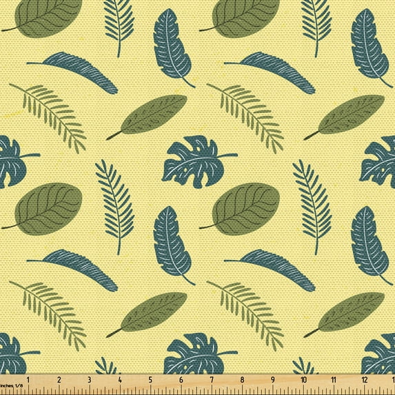 Ambesonne Tropical Fabric by the Yard Upholstery, Banana Monstera Exotic Art, 3 Yards, Pastel Yellow Grey Teal