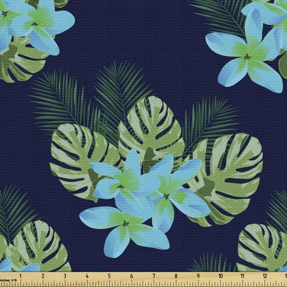 Ambesonne Tropical Fabric by the Yard Upholstery, Blooming Flower and Leaves, 5 Yards, Indigo and Multicolor