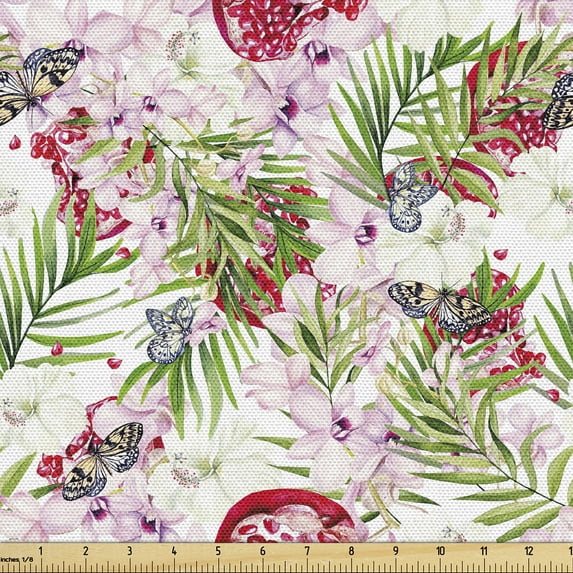 Ambesonne Tropical Fabric by the Yard Upholstery, Butterfly Pomegranate Art, 10 Yards, Evergreen Dark Pink