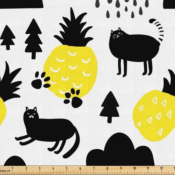 Ambesonne Tropical Fabric by the Yard Upholstery, Cats Pineapples Trees Art, 5 Yards, Charcoal Grey Yellow
