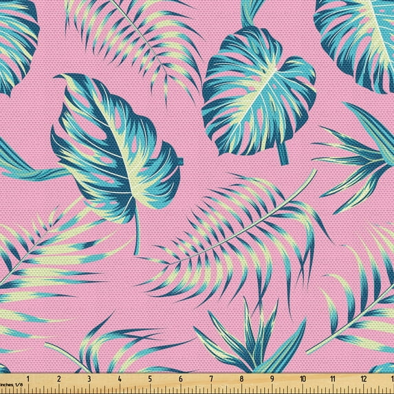 Ambesonne Tropical Fabric by the Yard Upholstery, Colorful Exotic Leaf Art, 3 Yards, Soft Pink and Cadet Blue