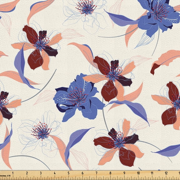 Ambesonne Tropical Fabric by the Yard Upholstery, Continuous-Line Cherry Art, 1 Yard, Dark Ceil Blue and Salmon