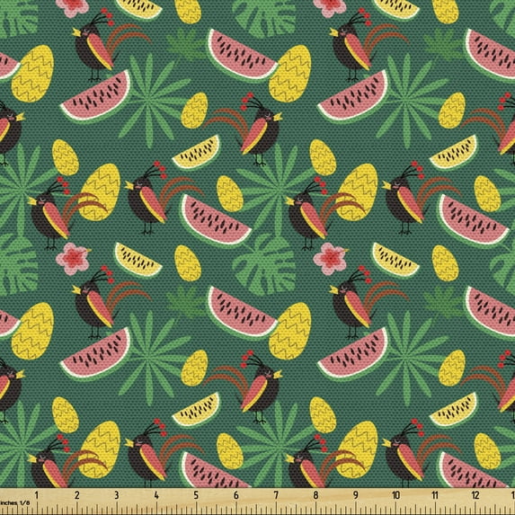 Ambesonne Tropical Fabric by the Yard Upholstery, Crested Bird Watermelon, 1 Yard, Forest Green Multicolor