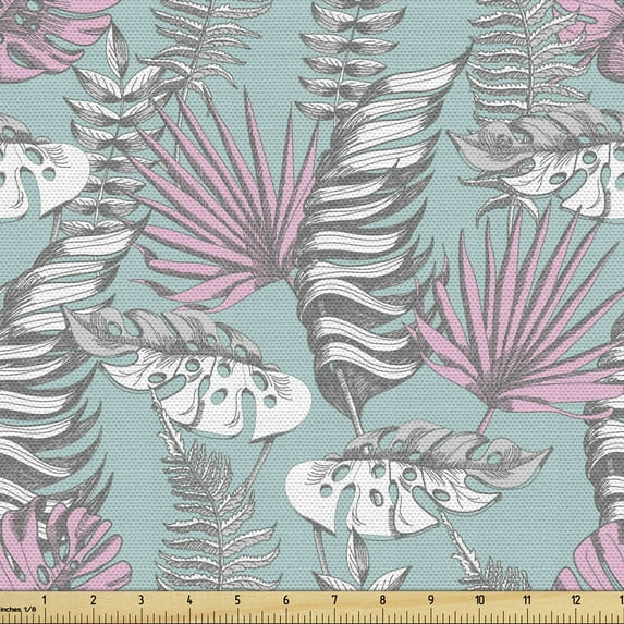 Ambesonne Tropical Fabric by the Yard Upholstery, Delicate Hawaiian Leaves, 2 Yards, Pale Seafoam Pale Pink