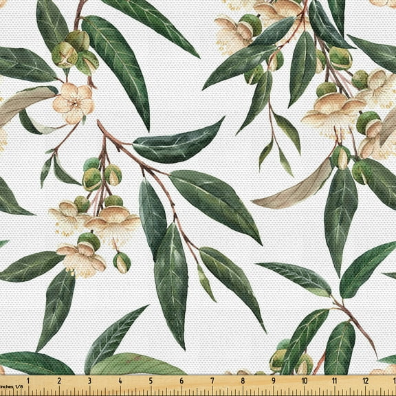 Ambesonne Tropical Fabric by the Yard Upholstery, Durian Botanical Motifs, 1 Yard, Hunter Green and Warm Taupe