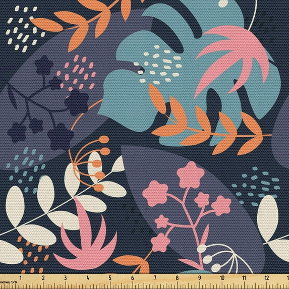 Ambesonne Tropical Fabric by the Yard Upholstery, Exotic Abstract Foliage, 2 Yards, Pastel Pink and Cadet Blue